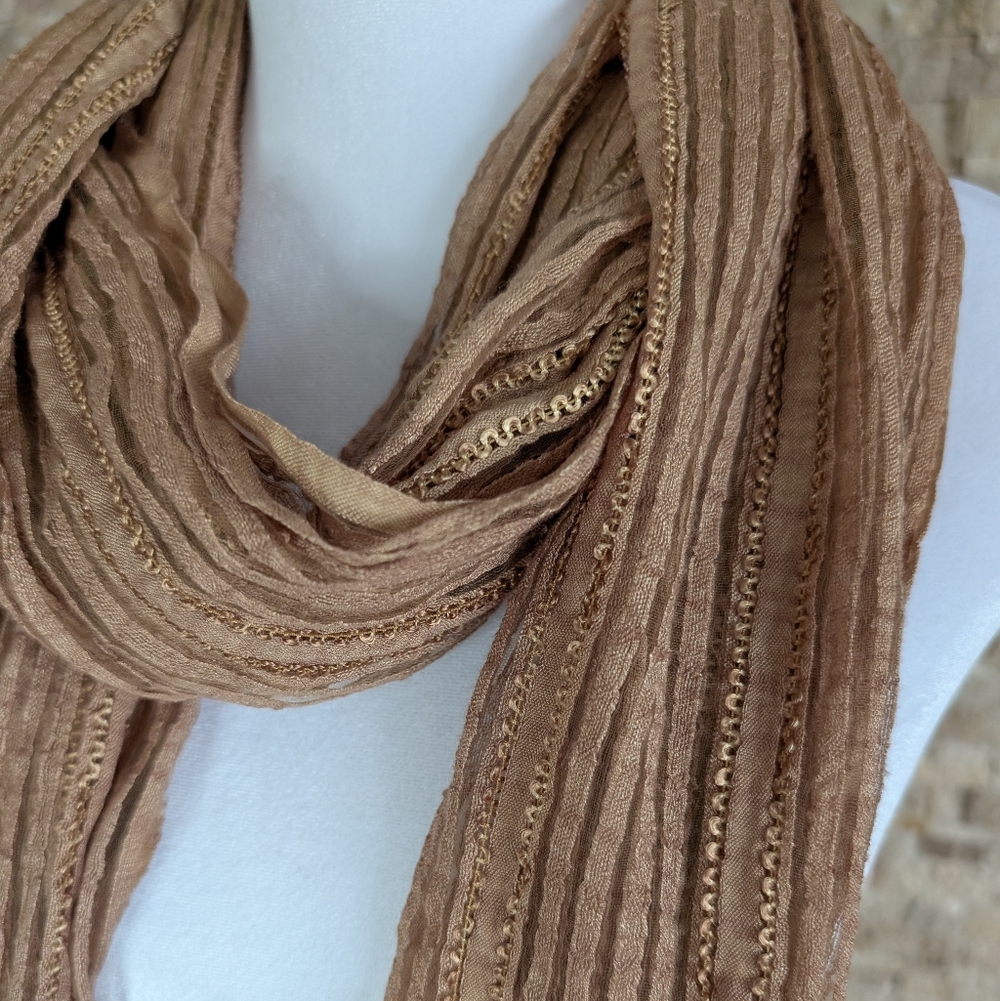 Camel Tan Boho Textured Fringe Shawl Sheer Lightweight Neutral Scarf Eco Fairy image 4